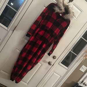 Red and Black Plaid Jumpsuit with Faux Fur Hood